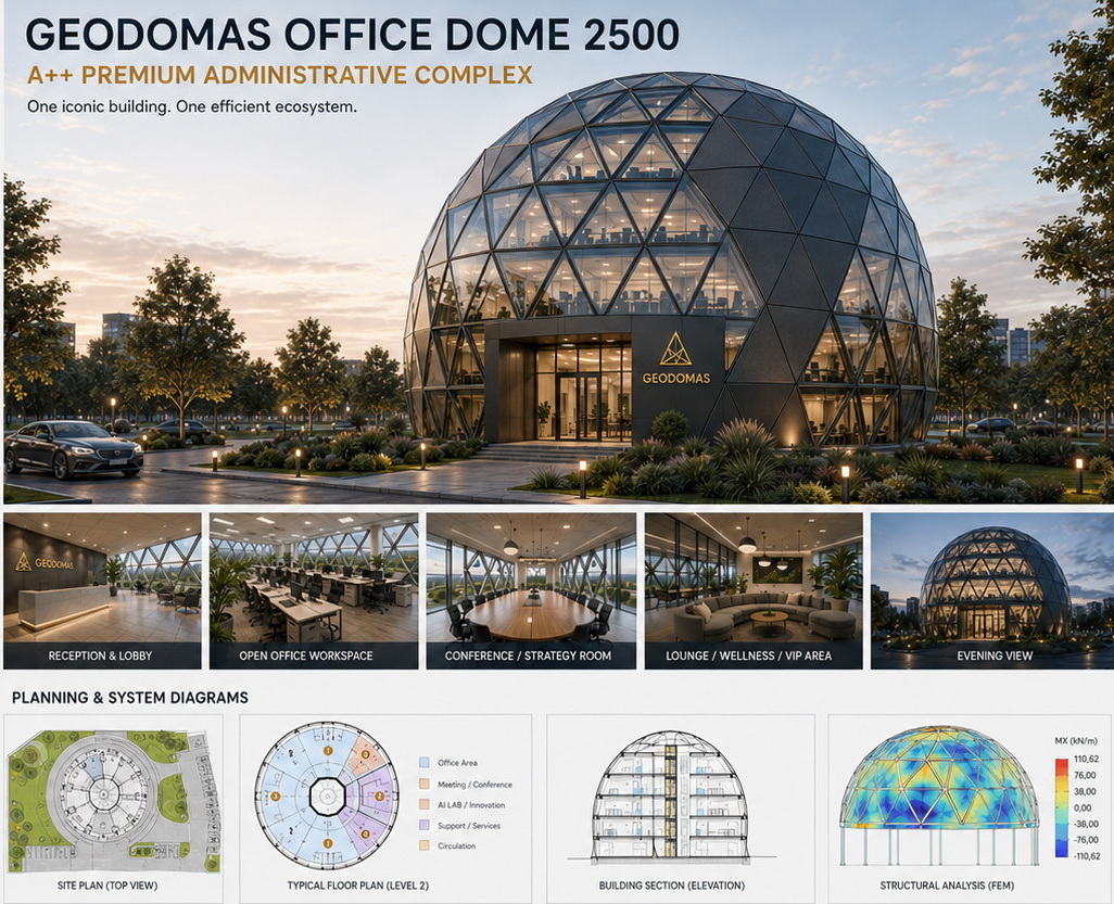 GEODOMAS premium stiklinis biurų campus – interjeras ir fasadas